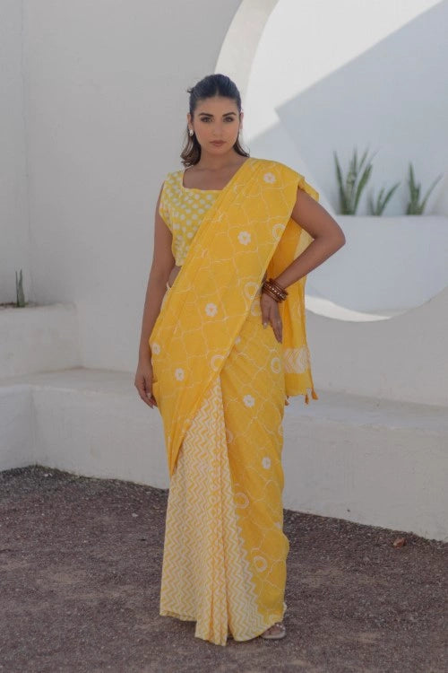 Sootisyahi Sunshine Medallions - Hand Block Mul Mul Cotton Saree