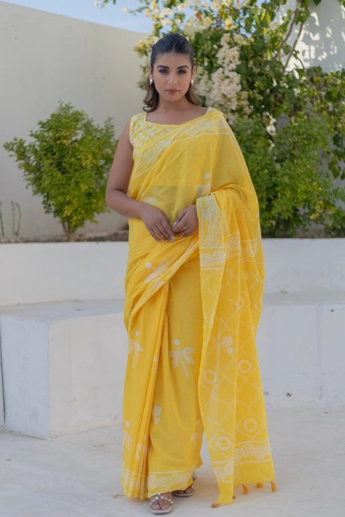 Sootisyahi Golden Circles - Hand Block Mul Mul Cotton Saree