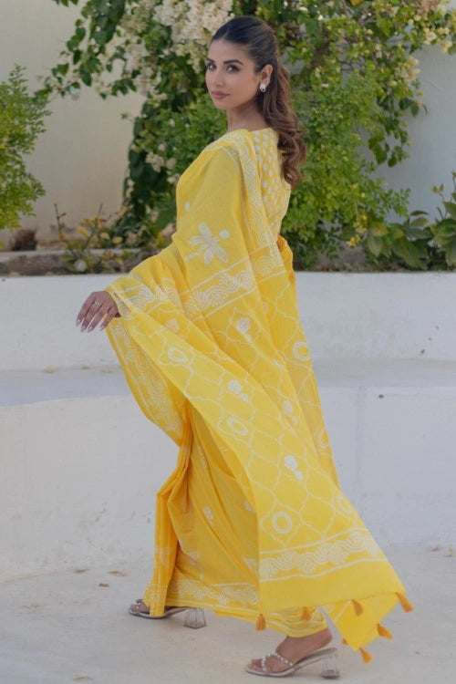 Sootisyahi Golden Circles - Hand Block Mul Mul Cotton Saree