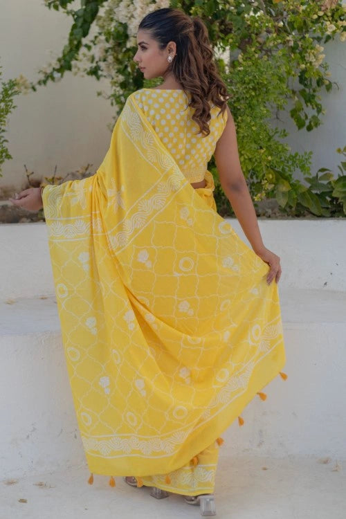 Sootisyahi Golden Circles - Hand Block Mul Mul Cotton Saree