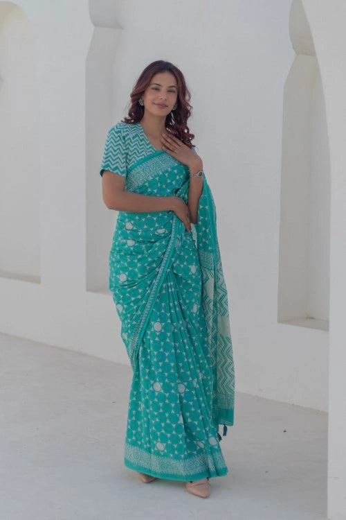 Sootisyahi Turquoise Blooms - Hand Block Mul Mul Cotton Saree