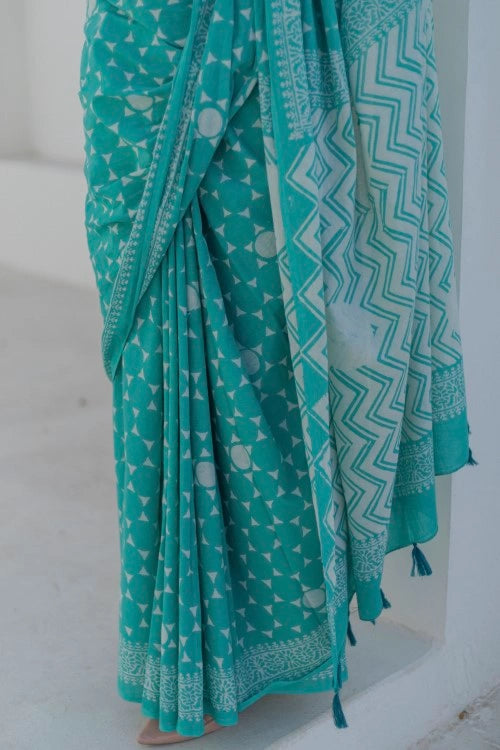 Sootisyahi Turquoise Blooms - Hand Block Mul Mul Cotton Saree
