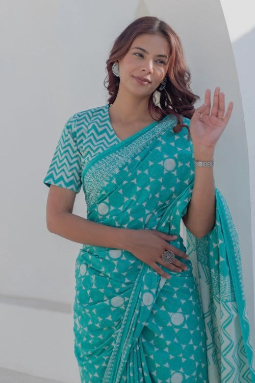 Sootisyahi Turquoise Blooms - Hand Block Mul Mul Cotton Saree