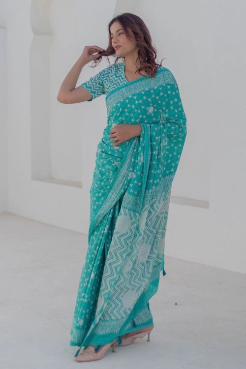 Sootisyahi Turquoise Blooms - Hand Block Mul Mul Cotton Saree