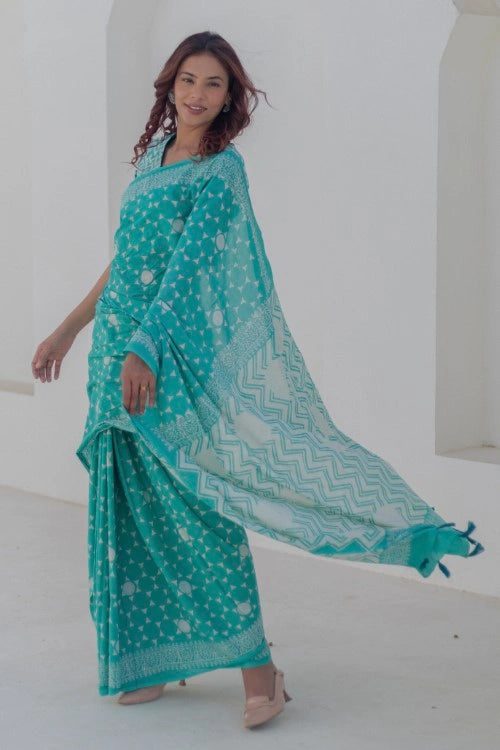 Sootisyahi Turquoise Blooms - Hand Block Mul Mul Cotton Saree