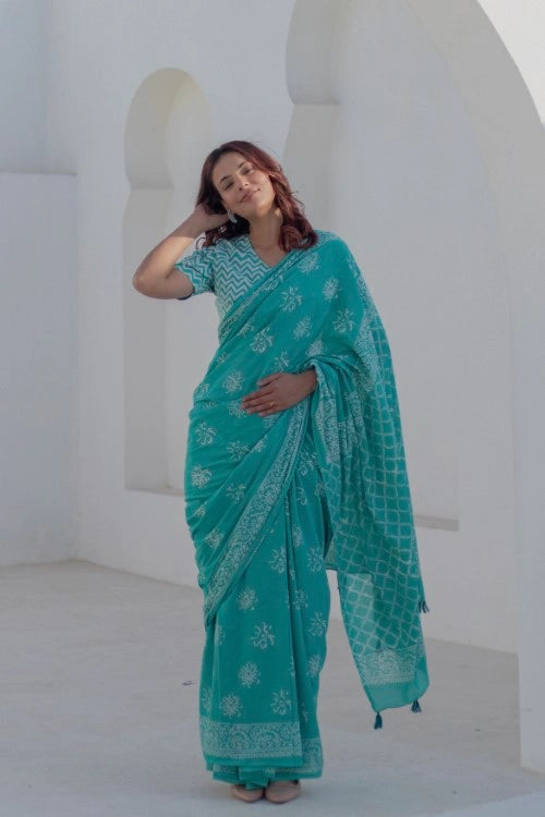 Sootisyahi Aqua Florals - Hand Block Mul Mul Cotton Saree