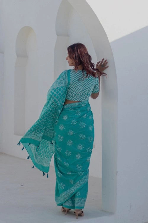 Sootisyahi Aqua Florals - Hand Block Mul Mul Cotton Saree