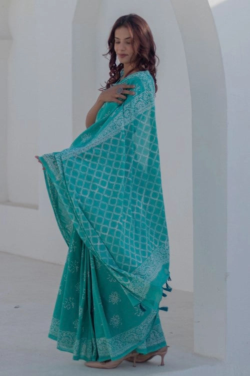 Sootisyahi Aqua Florals - Hand Block Mul Mul Cotton Saree