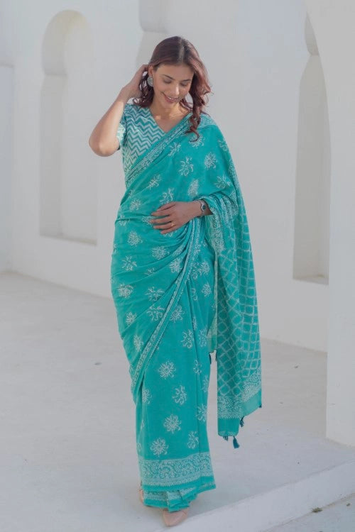 Sootisyahi Aqua Florals - Hand Block Mul Mul Cotton Saree