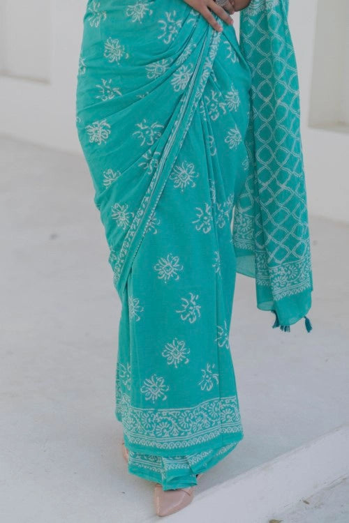 Sootisyahi Aqua Florals - Hand Block Mul Mul Cotton Saree