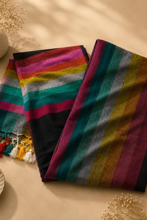 Whe Multicolor Checks Black Mul Cotton Handloom Saree