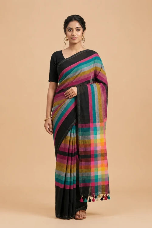 Whe Multicolor Checks Black Mul Cotton Handloom Saree