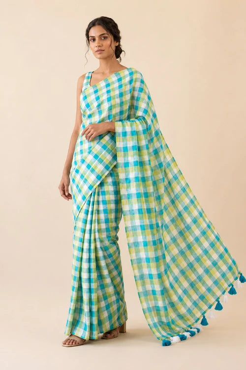 Whe Small Checks Multicolor Mul Cotton Saree
