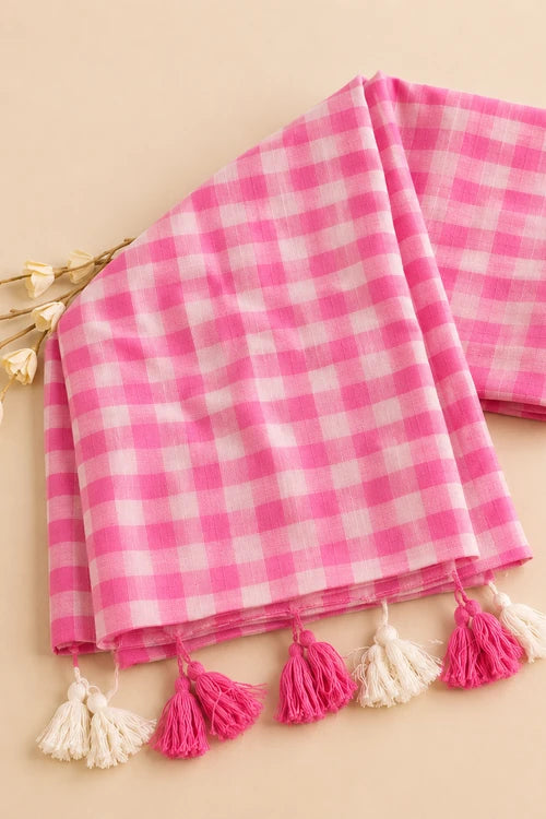 Whe Small Checks Pink Mul Cotton Handloom Saree