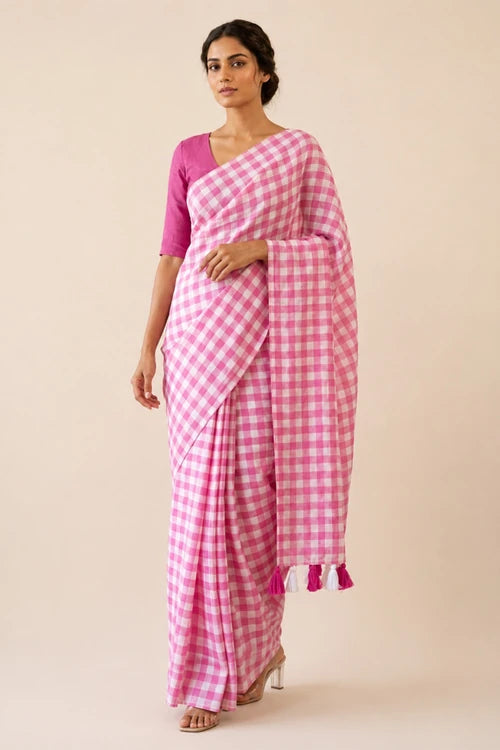 Whe Small Checks Pink Mul Cotton Handloom Saree