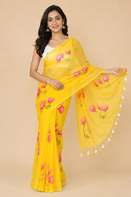 Whe Yellow Lotus Hand Painted Mul Cotton Saree