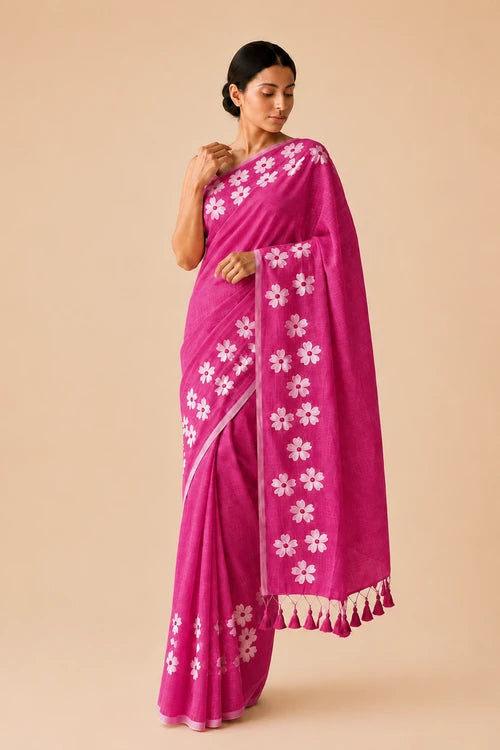 Whe Small Daisy Flower Border Hand Painted Mul Dark Pink Cotton Saree - Without Blouse