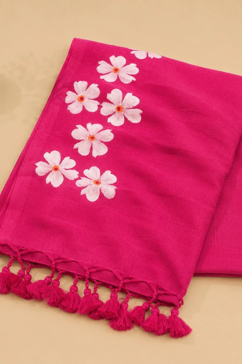 Whe Small Daisy Flower Border Hand Painted Mul Dark Pink Cotton Saree - Without Blouse