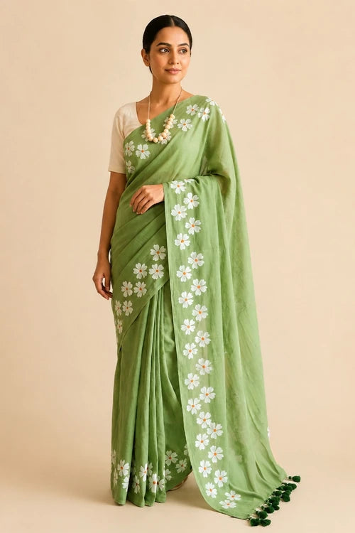 Whe Small Daisy Flower Border Hand Painted Green Mul Cotton Saree - Without Blouse