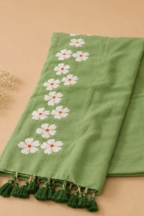 Whe Small Daisy Flower Border Hand Painted Green Mul Cotton Saree - Without Blouse