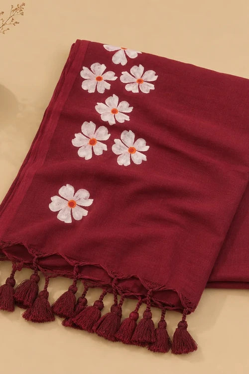 Whe Small Daisy Flower Border Hand Painted Maroon Mul Cotton Saree - Without Blouse