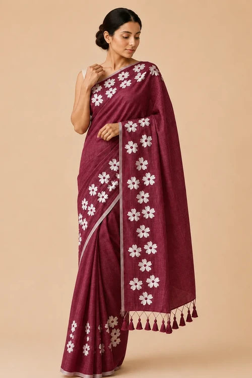 Whe Small Daisy Flower Border Hand Painted Maroon Mul Cotton Saree - Without Blouse