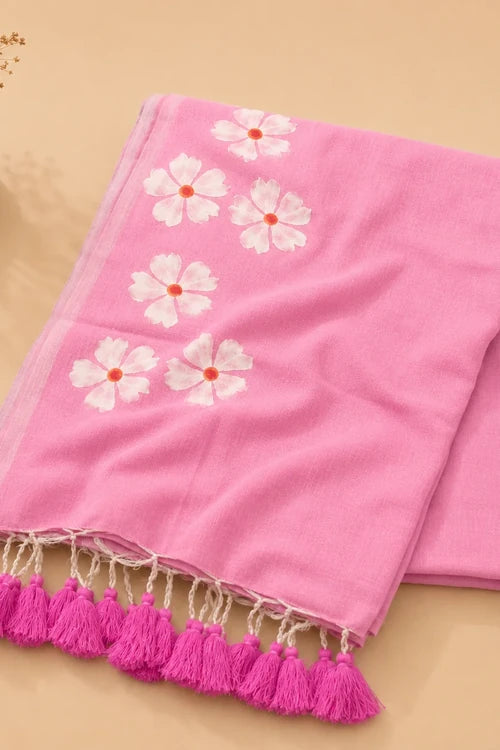 Whe Small Daisy Flower Border Hand Painted Light Pink Mul Cotton Saree - Without Blouse