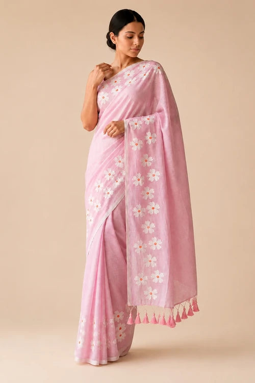 Whe Small Daisy Flower Border Hand Painted Light Pink Mul Cotton Saree - Without Blouse