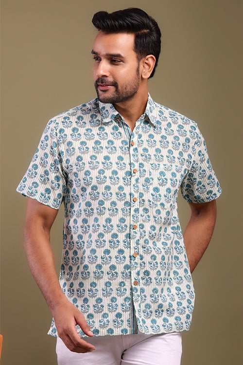 Blue And Gray Floral Printed Mens Shirt