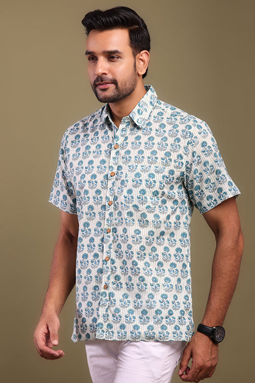 Blue And Gray Floral Printed Mens Shirt