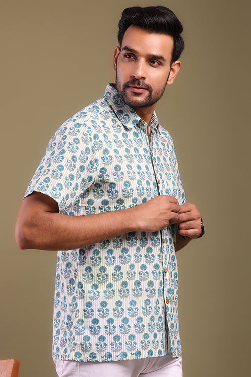 Blue And Gray Floral Printed Mens Shirt