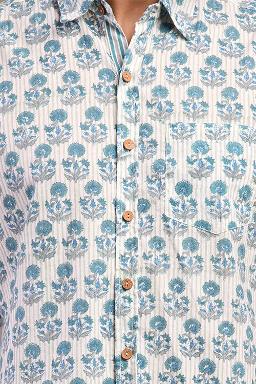 Blue And Gray Floral Printed Mens Shirt