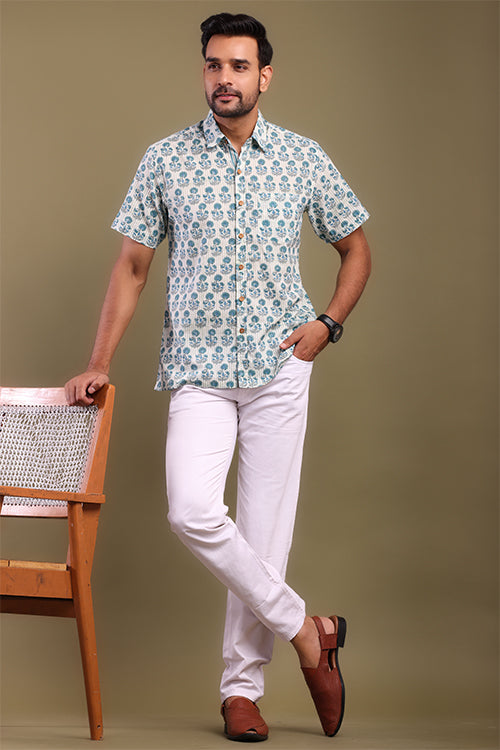 Blue And Gray Floral Printed Mens Shirt