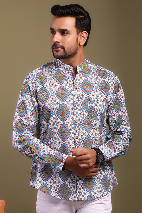 Blue And Green Printed Mens Shirt