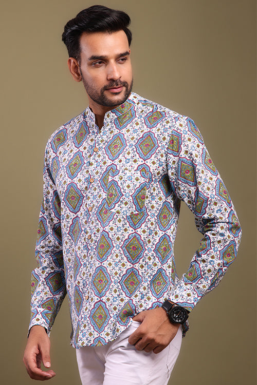 Blue And Green Printed Mens Shirt