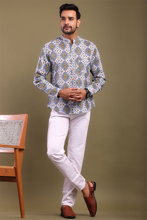 Blue And Green Printed Mens Shirt