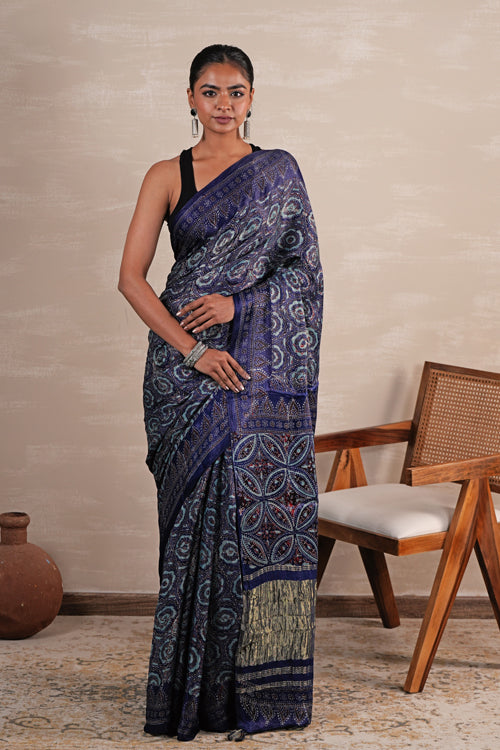 Sooti Syahi 'Celestial Cascade' Hand Block Printed  Modal Tissue Saree