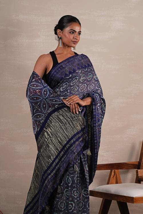 Sooti Syahi 'Celestial Cascade' Hand Block Printed  Modal Tissue Saree