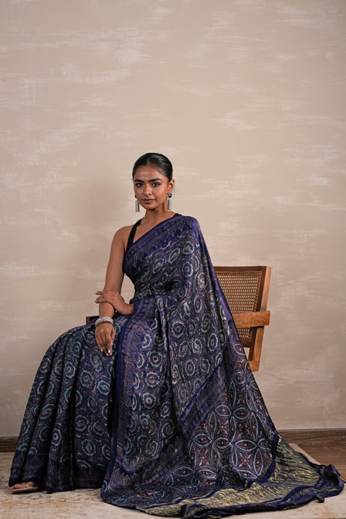 Sooti Syahi 'Celestial Cascade' Hand Block Printed  Modal Tissue Saree