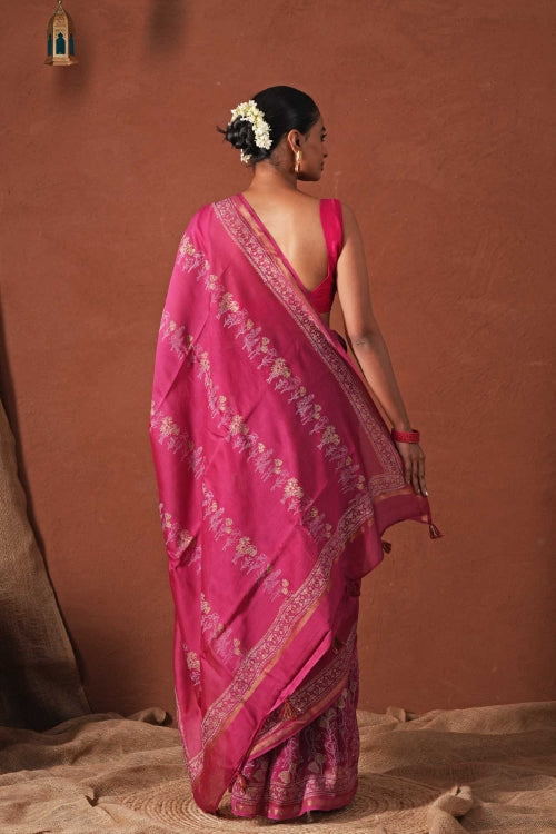 Sooti Syahi ' Golden Dawn' Hand Block Printed Chanderi Silk Saree