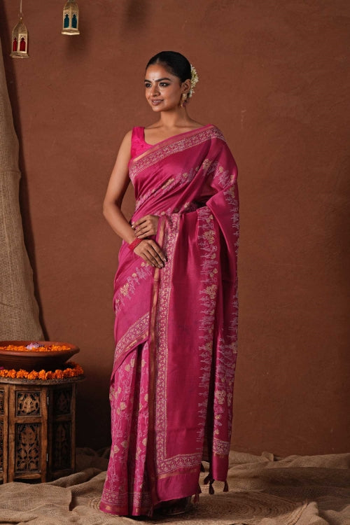 Sooti Syahi ' Golden Dawn' Hand Block Printed Chanderi Silk Saree