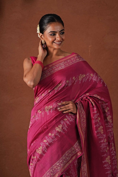Sooti Syahi ' Golden Dawn' Hand Block Printed Chanderi Silk Saree