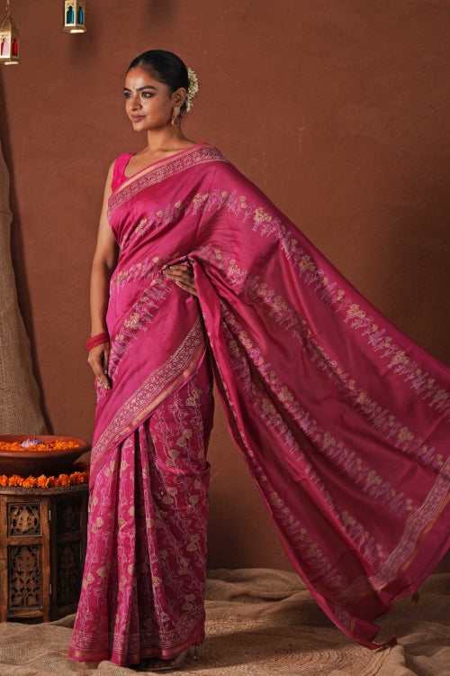 Sooti Syahi ' Golden Dawn' Hand Block Printed Chanderi Silk Saree