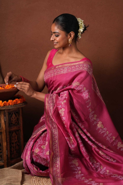 Sooti Syahi ' Golden Dawn' Hand Block Printed Chanderi Silk Saree