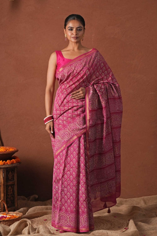 Sooti Syahi ' Azure Gold' Hand Block Printed Chanderi Silk Saree