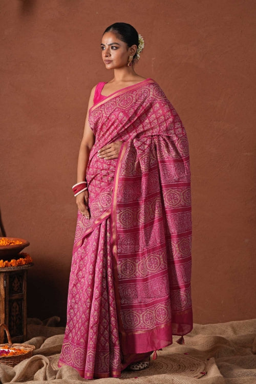 Sooti Syahi ' Azure Gold' Hand Block Printed Chanderi Silk Saree