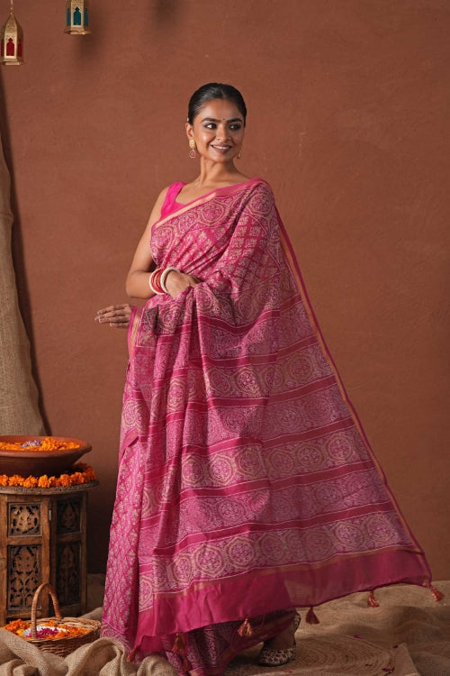 Sooti Syahi ' Azure Gold' Hand Block Printed Chanderi Silk Saree