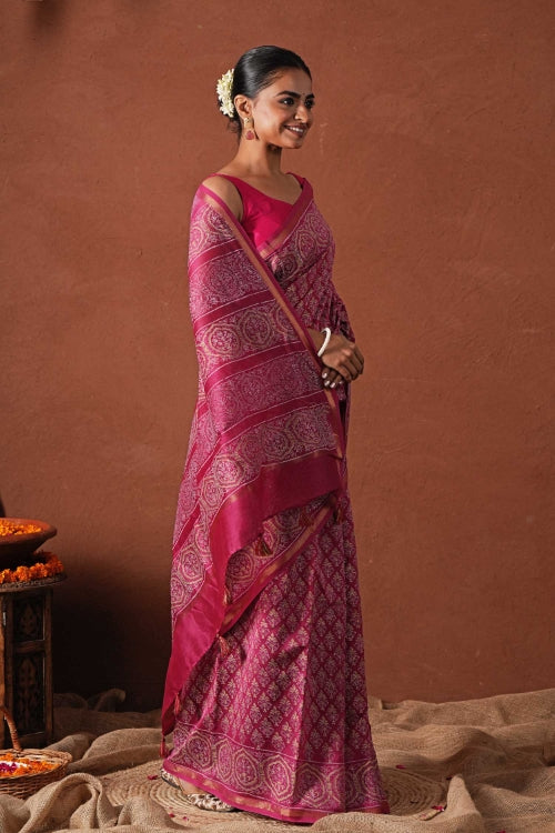 Sooti Syahi ' Azure Gold' Hand Block Printed Chanderi Silk Saree