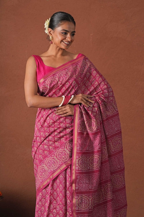 Sooti Syahi ' Azure Gold' Hand Block Printed Chanderi Silk Saree