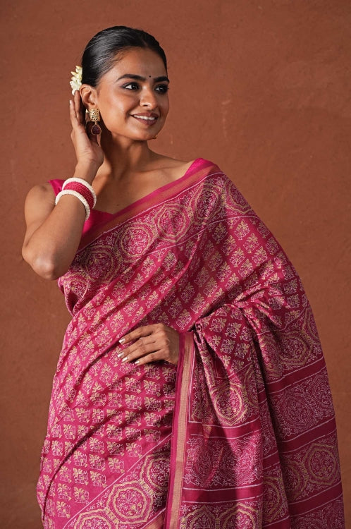 Sooti Syahi ' Azure Gold' Hand Block Printed Chanderi Silk Saree